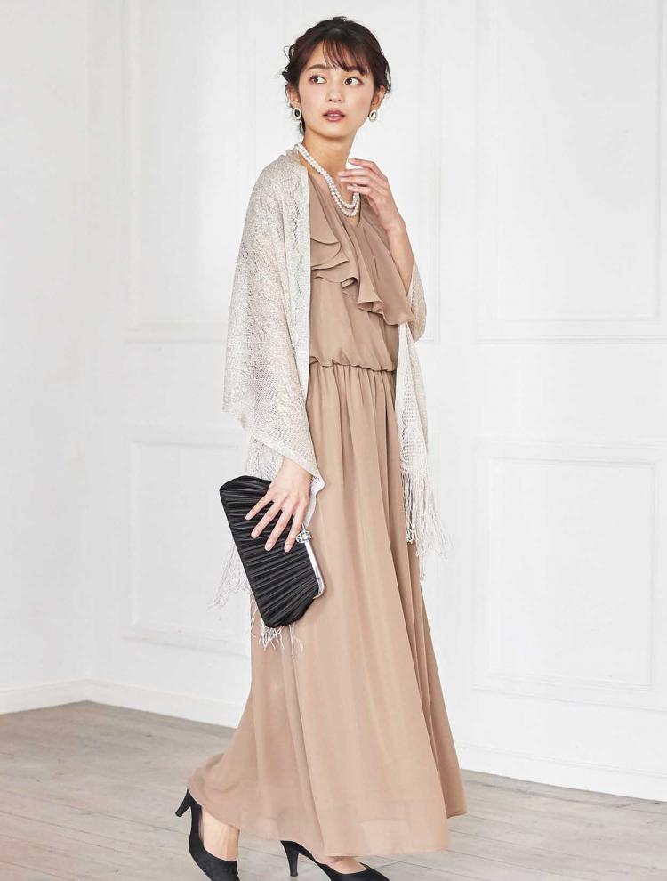 【LL/3L】ラッフルシフォンロングドレス（ブラウン）DPSET0409L