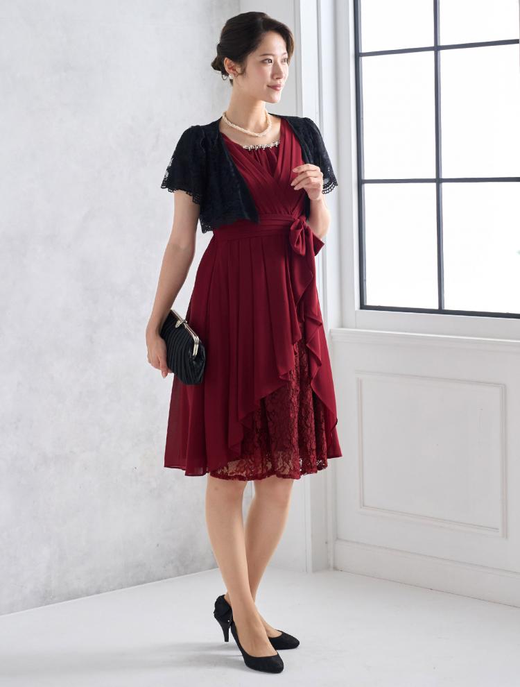 【M】授乳対応可・ビジュー付きラッフルドレス（レッド）DPSET0412