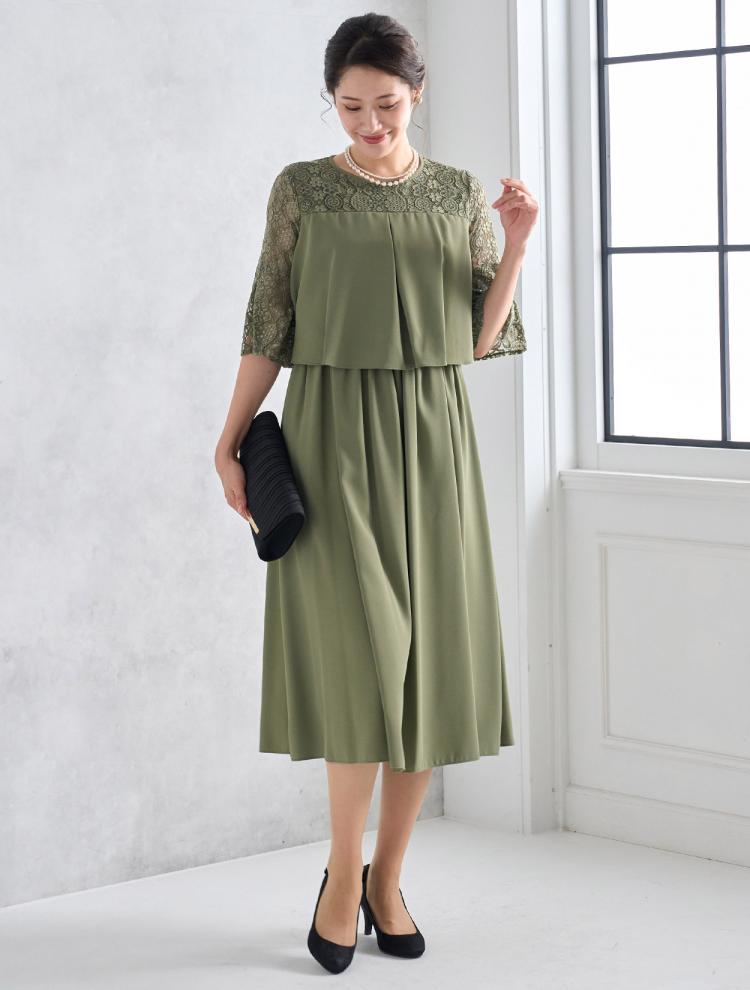 【M/L】ベアレース切替タックBLドレス（グリーン）DPSET0436