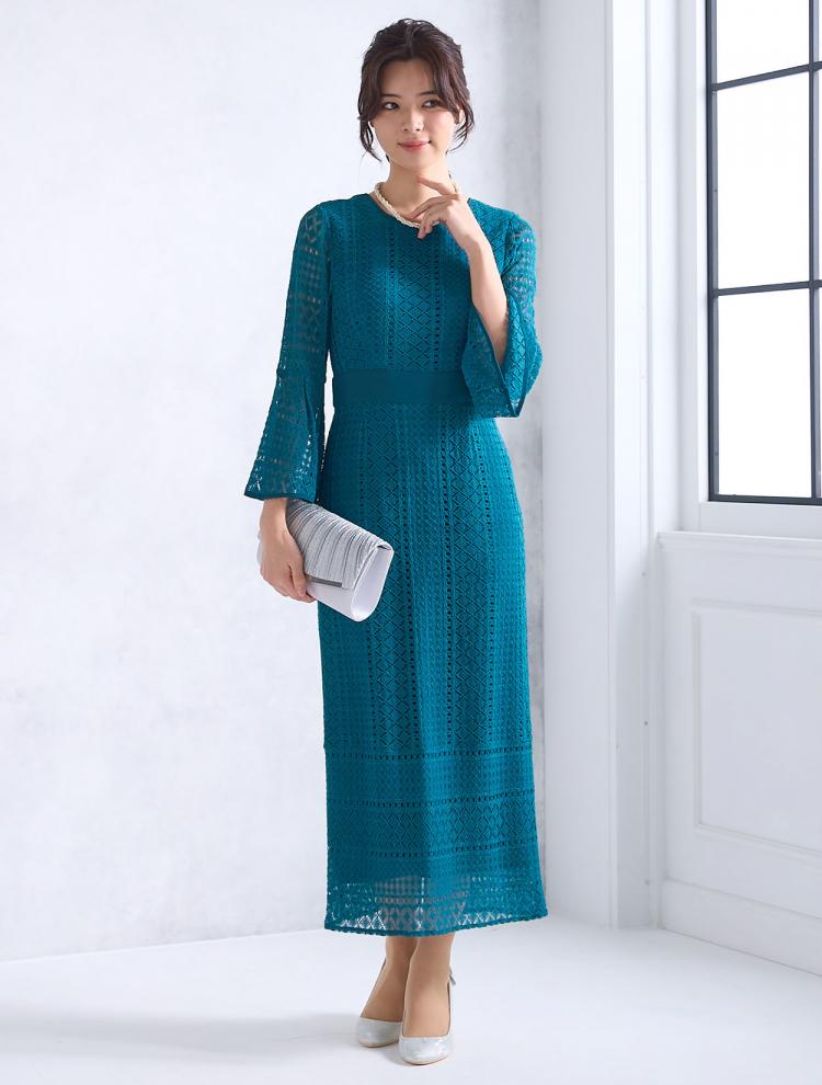 BY DRESS レース6分袖タイトロングドレス PourVous ドレス ロング＆七分袖フォーマルスカラップフィッシュ