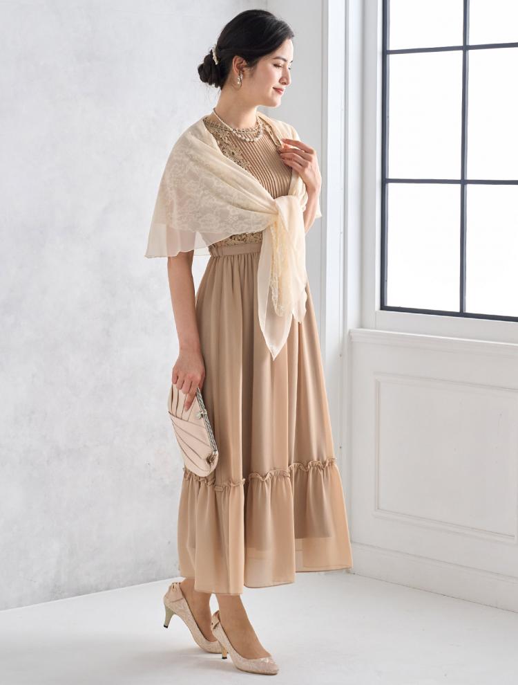 【M】レース×ギャザーシフォンドレス（ベージュ）DPSET0485