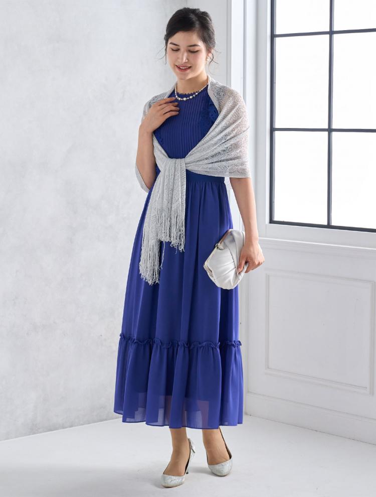 【M】レース×ギャザーシフォンドレス（ブルー）DPSET0489