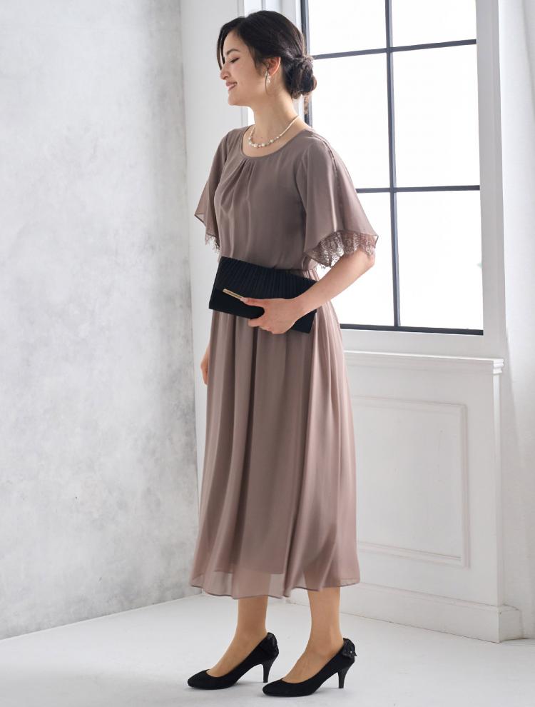 【M】袖スリットレースロングドレス（ベージュ）DPSET0511