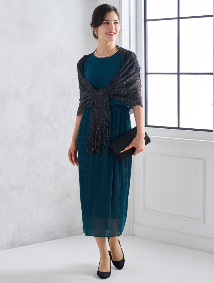 【M/L】フレア袖プリーツドレス（グリーン）DPSET0527