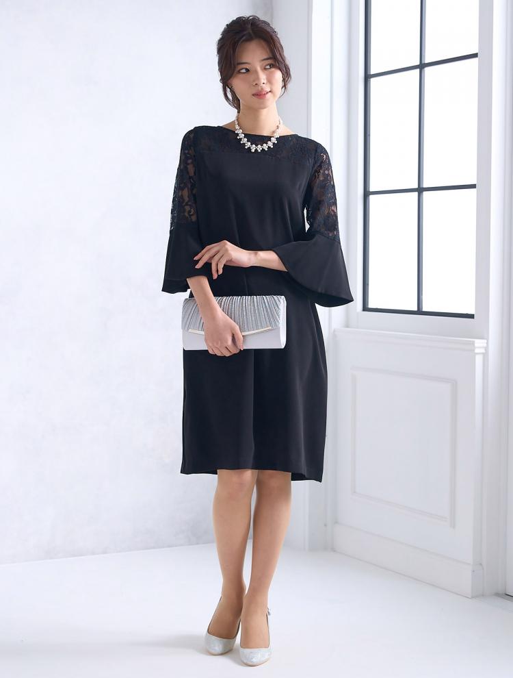 【M/L】フレアスリーブボックスドレス（ブラック）DPSET0532