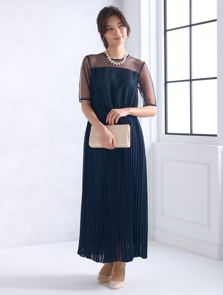 【M】レース切替プリーツドレス（ネイビー）DPSET0586