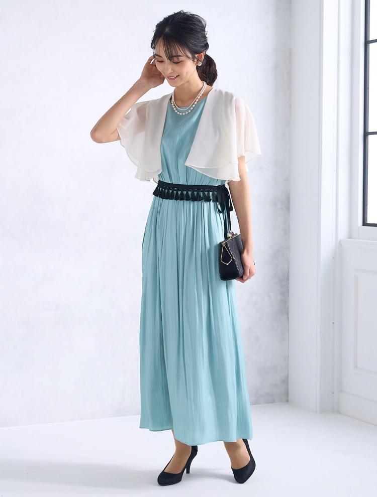 【M】タッセルベルト付きサテンドレス（サックス）DPSET0596