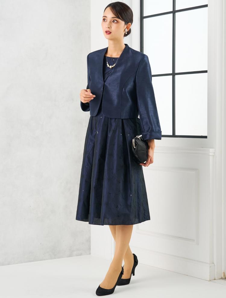 【M/L】シャンブレータフタ刺繍フィット＆フレアドレス（ネイビー）DPSET0695