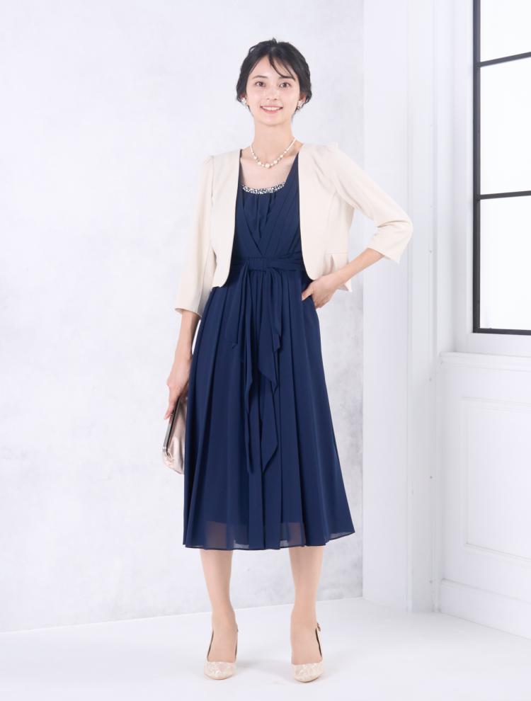 【M】ミディ丈衿パールラッフルドレス（ネイビー）DPSET0703