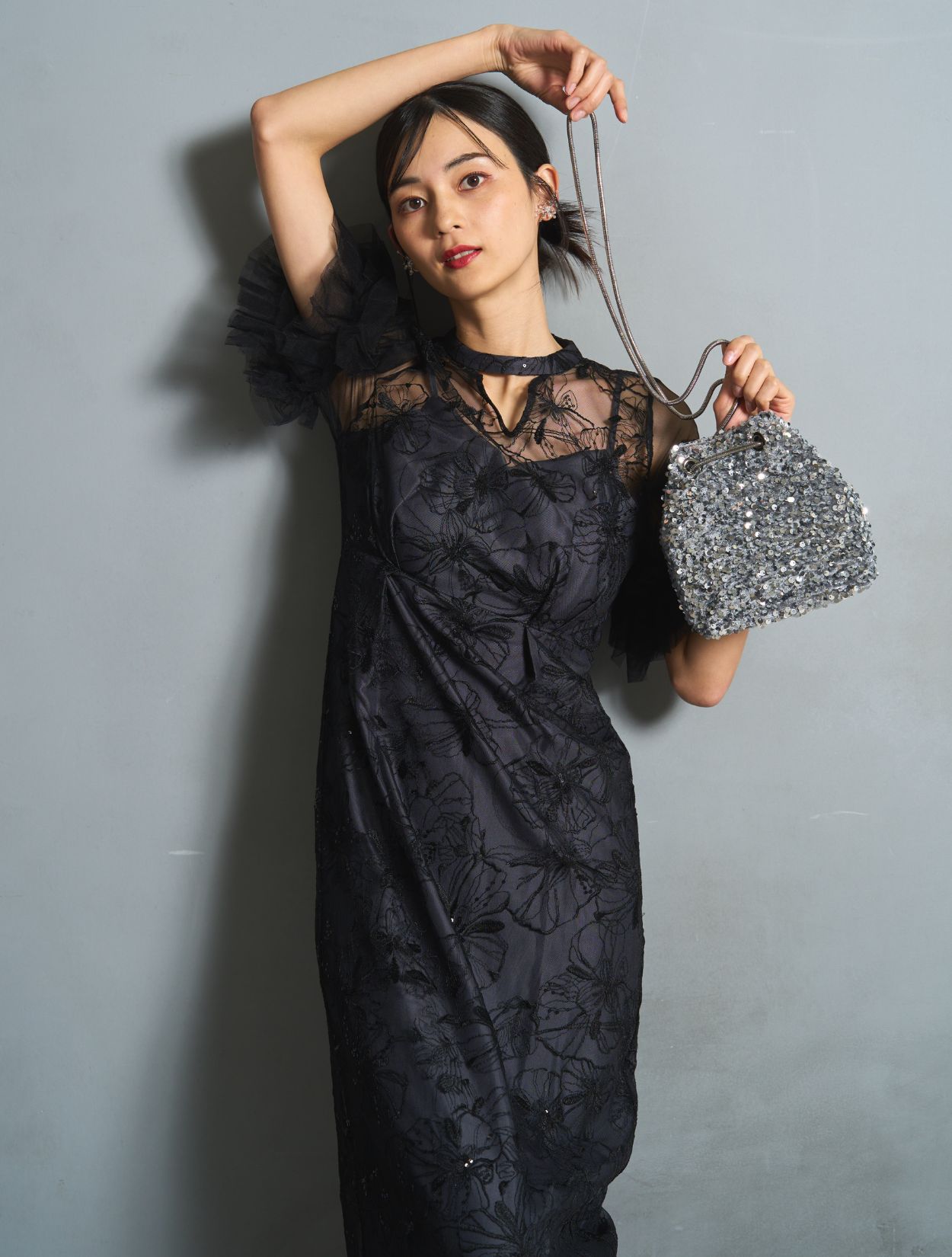 M/L】スパンコール刺繍レースドレス（ブラック）DPSET0748の