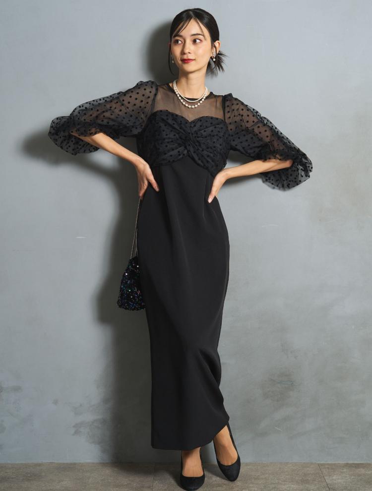 M】フロッキードットペンシルロングドレス（Cグレー）DPSET0752