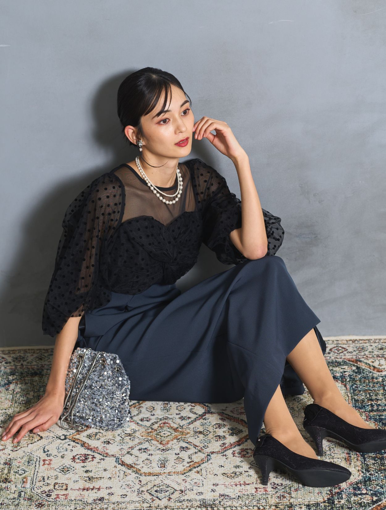 【M】フロッキードットペンシルロングドレス（Cグレー）DPSET0753