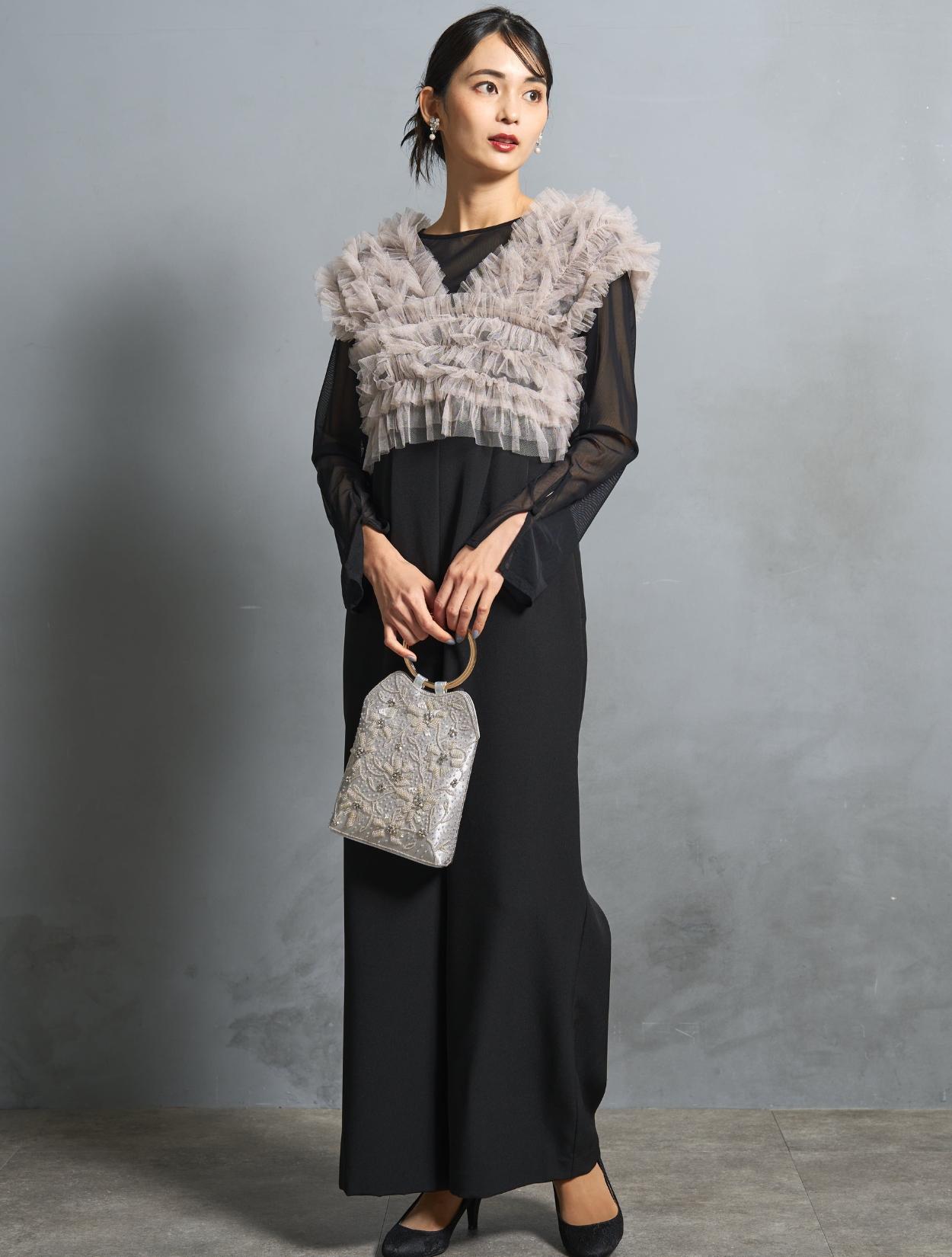 【S/M/L】チュールTOPS付オールインワンドレス(ブラック)ブラウスセットDPSET0788