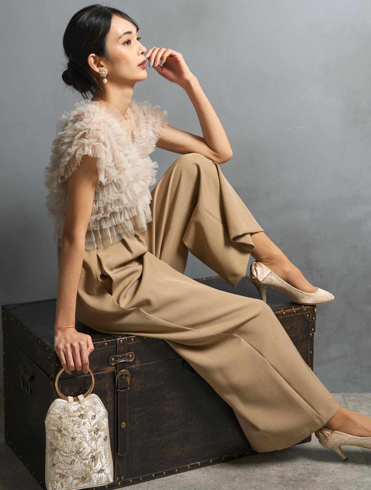 【S/M/L】チュールTOPS付オールインワンドレス(ベージュ)DPSET0793