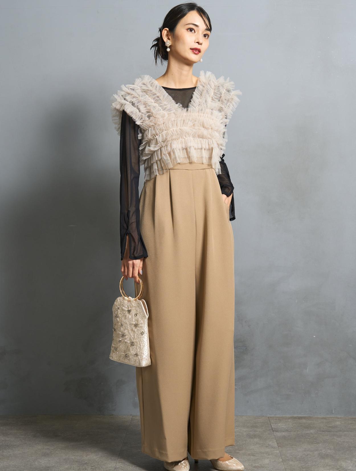 S/M/L】チュールTOPS付オールインワンドレス（ベージュ）ブラウス