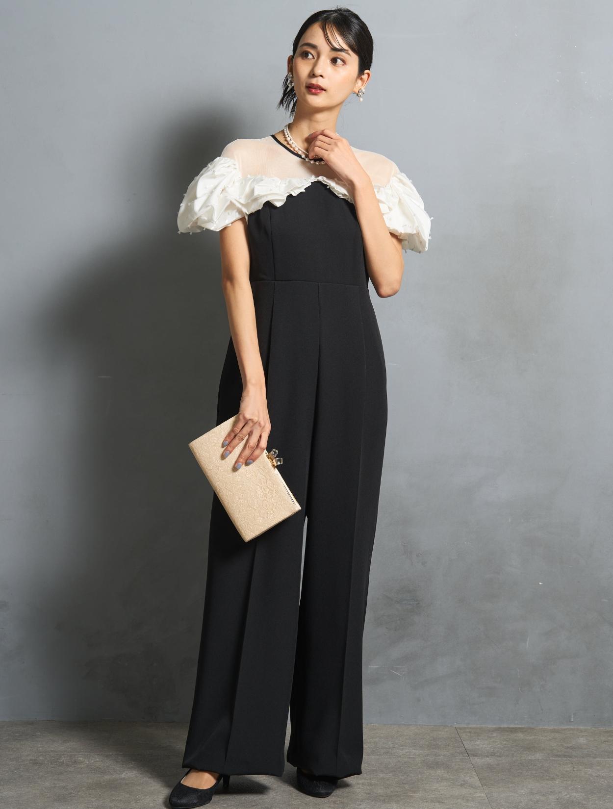 S/M/L】ラッフルスリーブオールインワンドレス（ブラック