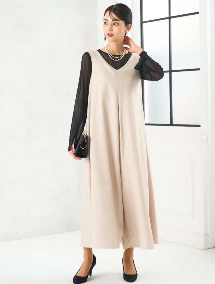 【M】ワイドパンツコンビネゾンドレス（ベージュ）DPSET0811