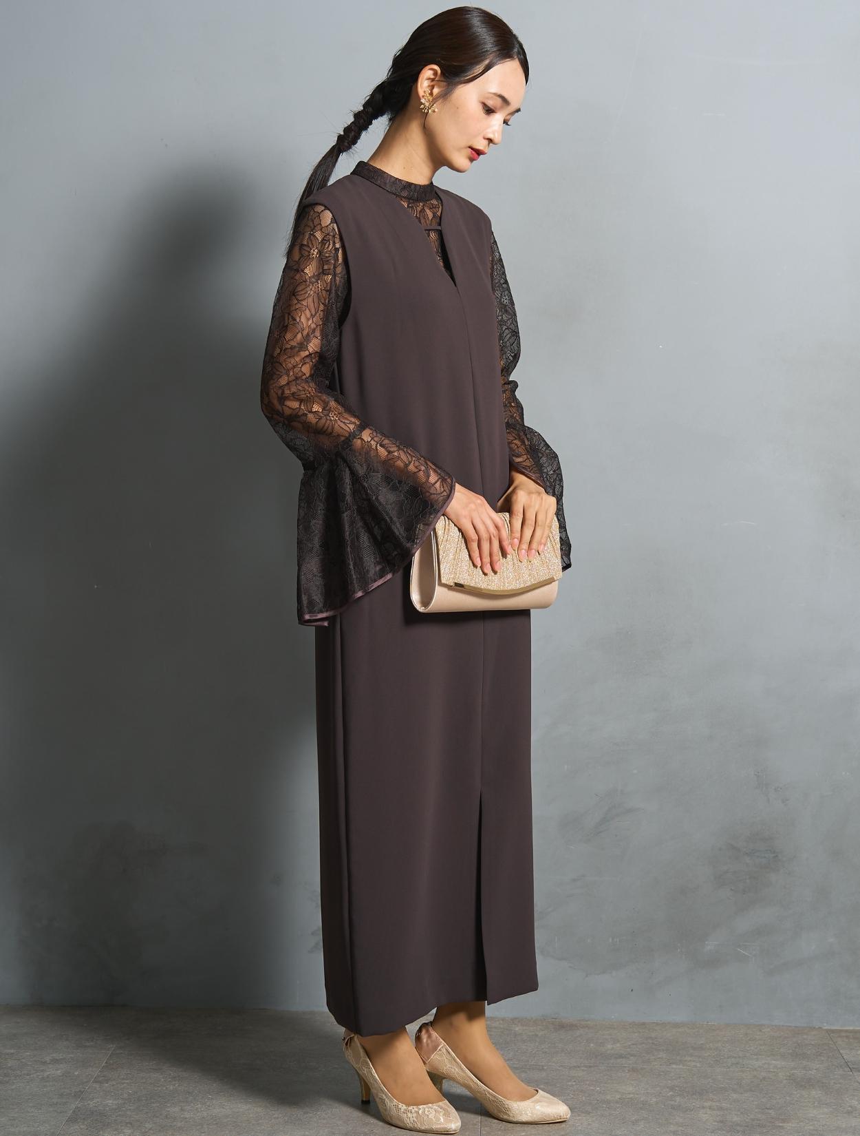 【M/L】ベルスリーブレースブラウス付きドレス(ブラウン)DPSET0815