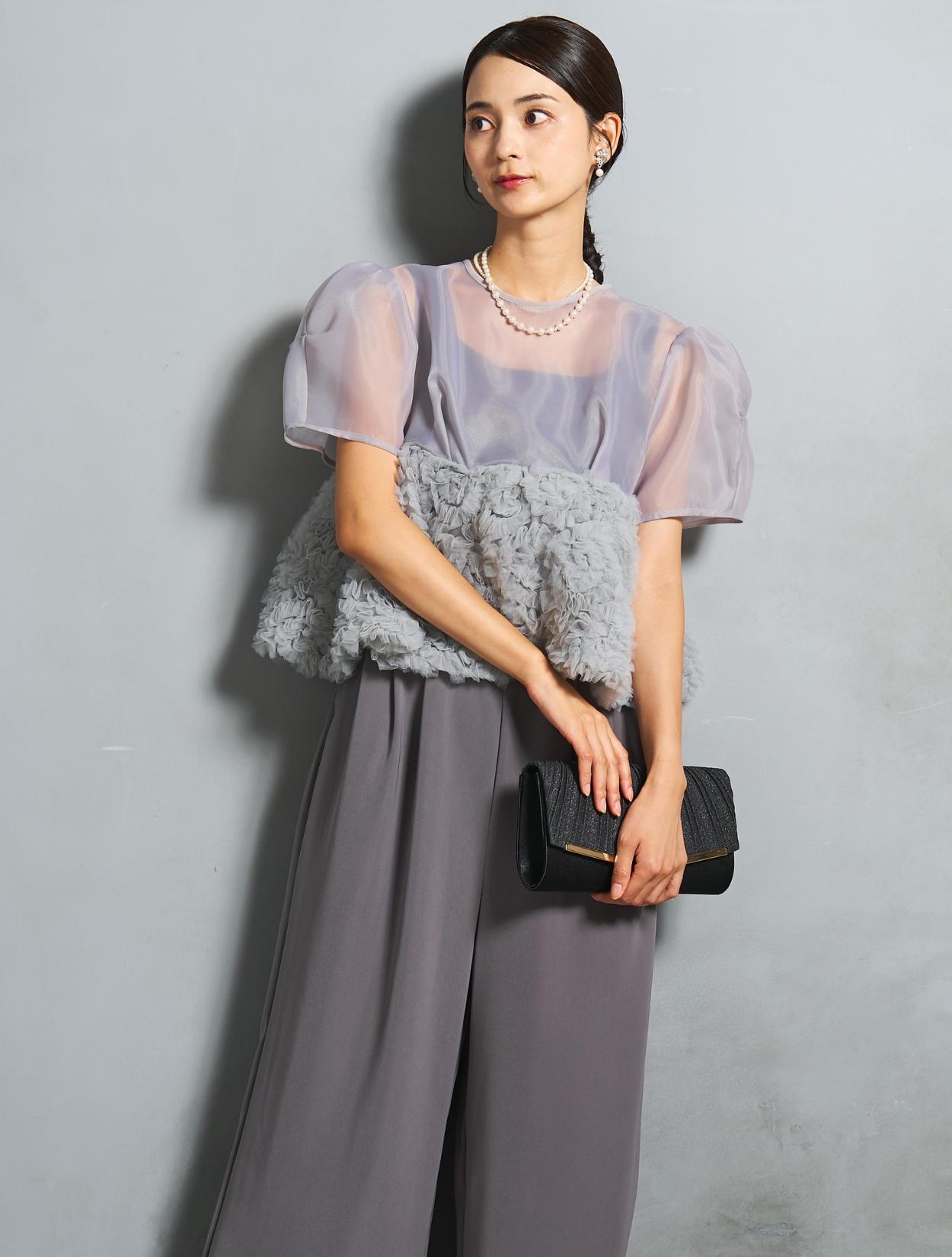 【S/M/L】ペプラムブラウスセットアップパンツドレス(グレー)DPSET0822