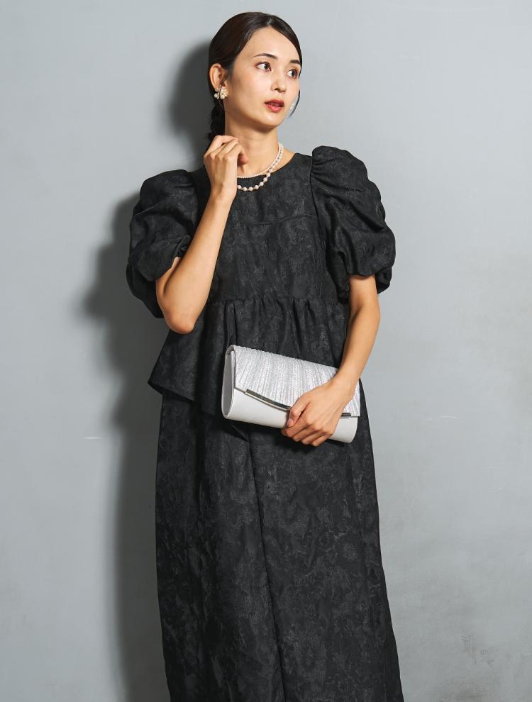 【M】パフスリーブミモレ丈ジャガードドレス（ブラック）DPSET0826