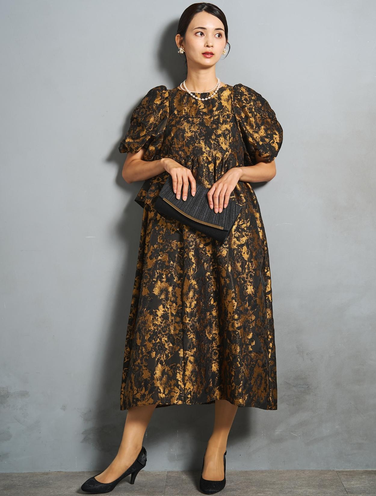 【M】パフスリーブミモレ丈ジャガードドレス(ブロンズ)DPSET0830