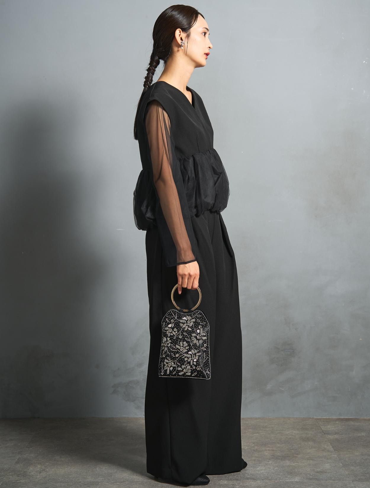 【S/M/L】チュールペプラムセットアップパンツドレス(ブラック)DPSET0831