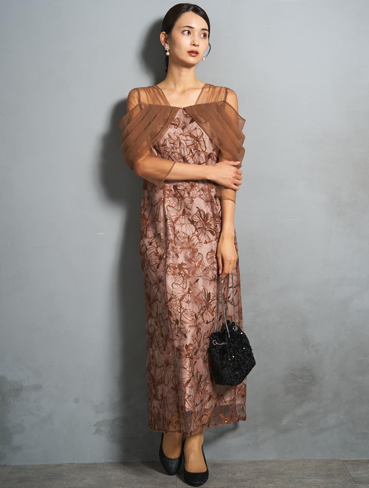 【M/L】スパンコール刺繍オフショルダ−ドレス（ブラウン）DPSET0838