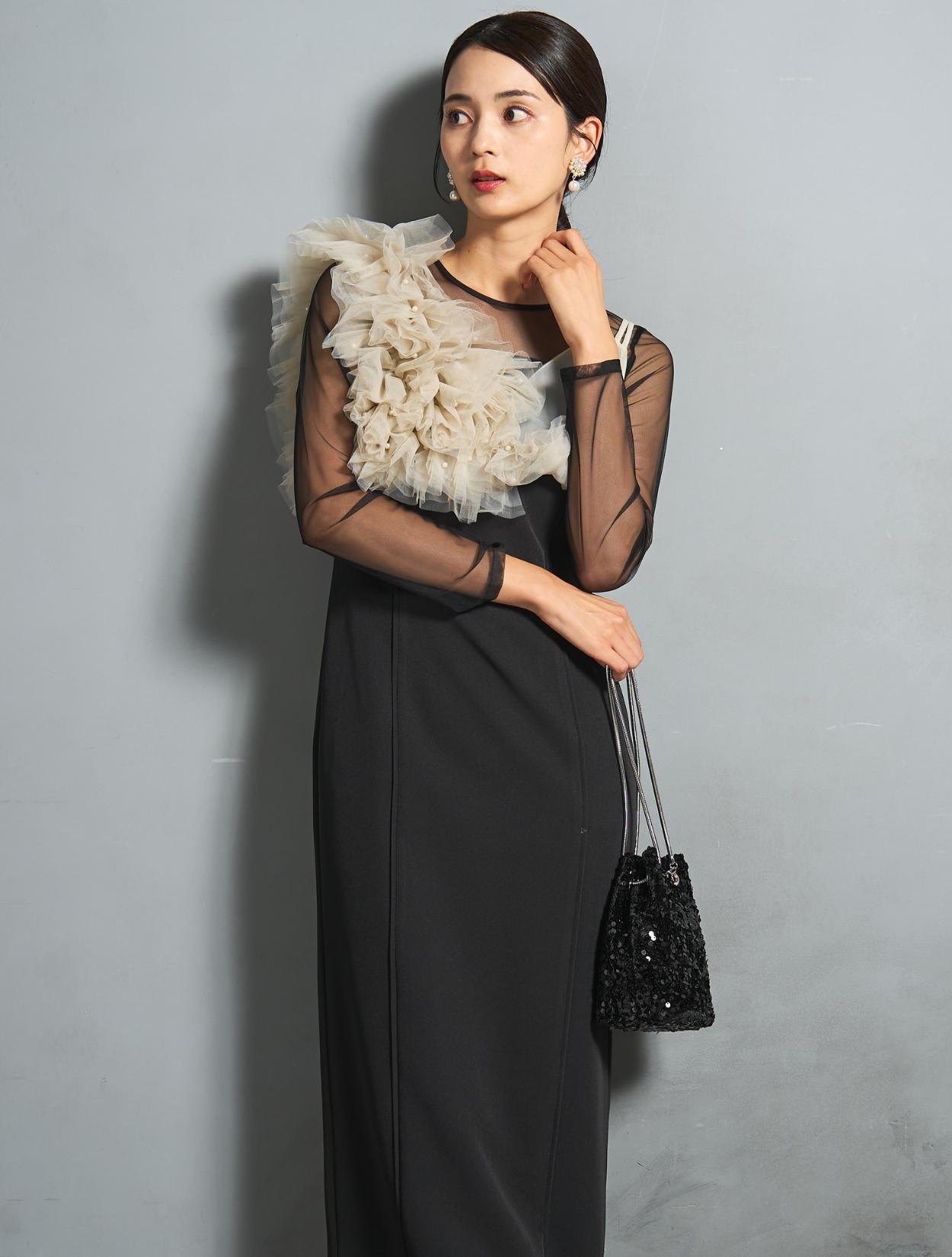 【M/L】パールビスチェロングドレス(ベージュ)DPSET0846