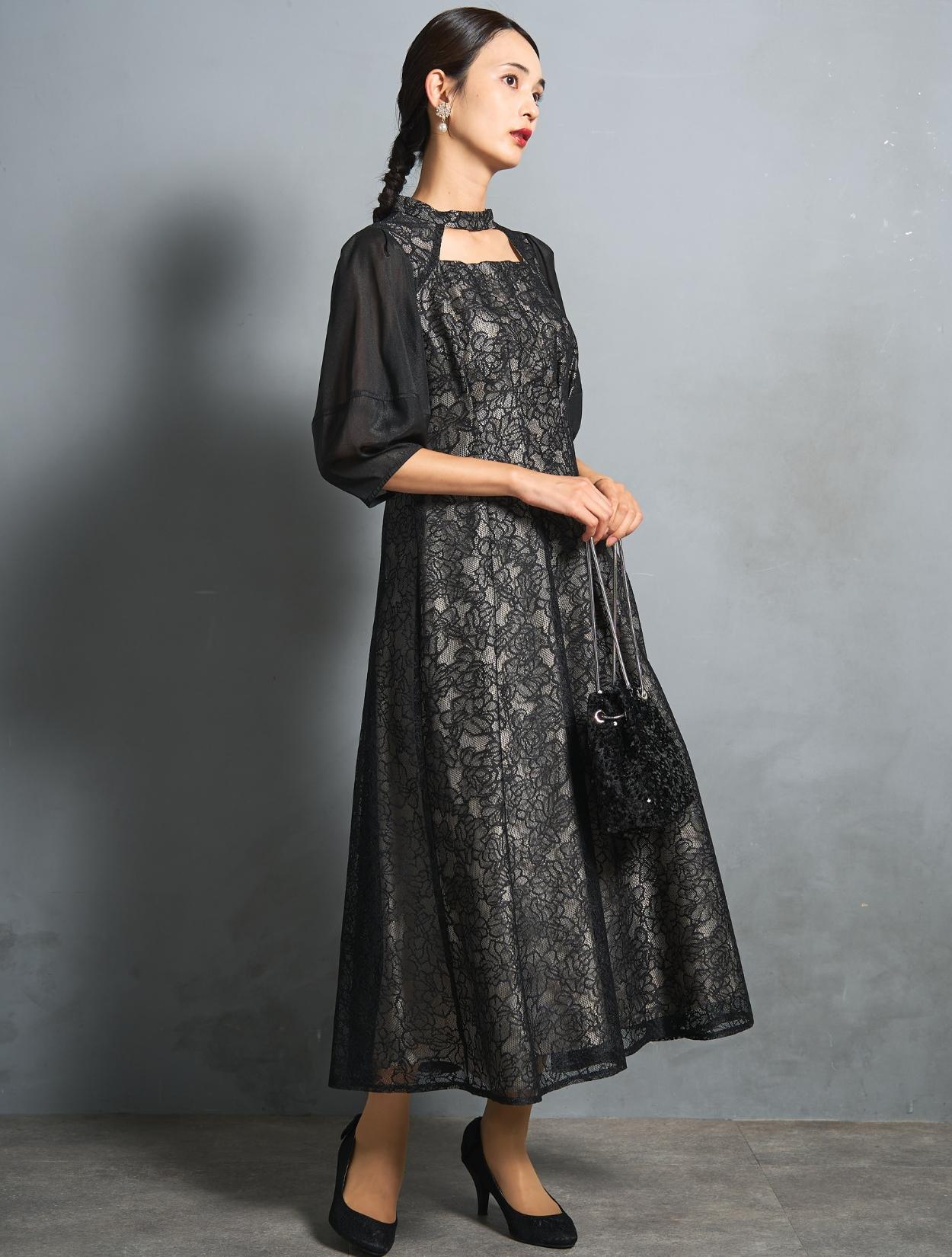 【M/L】レース×カットアウトミモレ丈ドレス（ブラック）DPSET0847