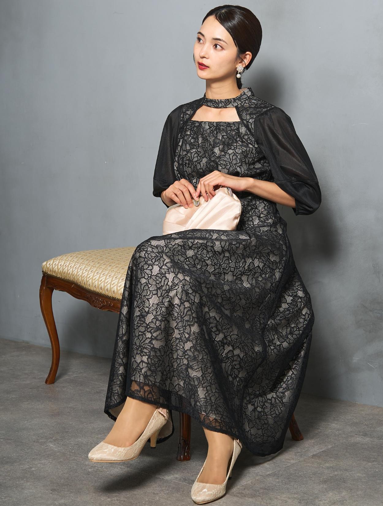 【M/L】レース×カットアウトミモレ丈ドレス（ブラック）DPSET0848