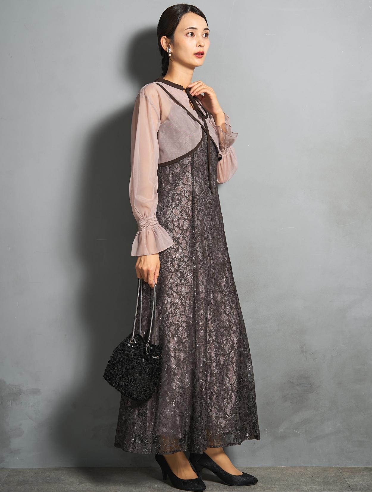 【M/L】クロスデザイン2wayブラウスドレス(ブラウン)DPSET0858