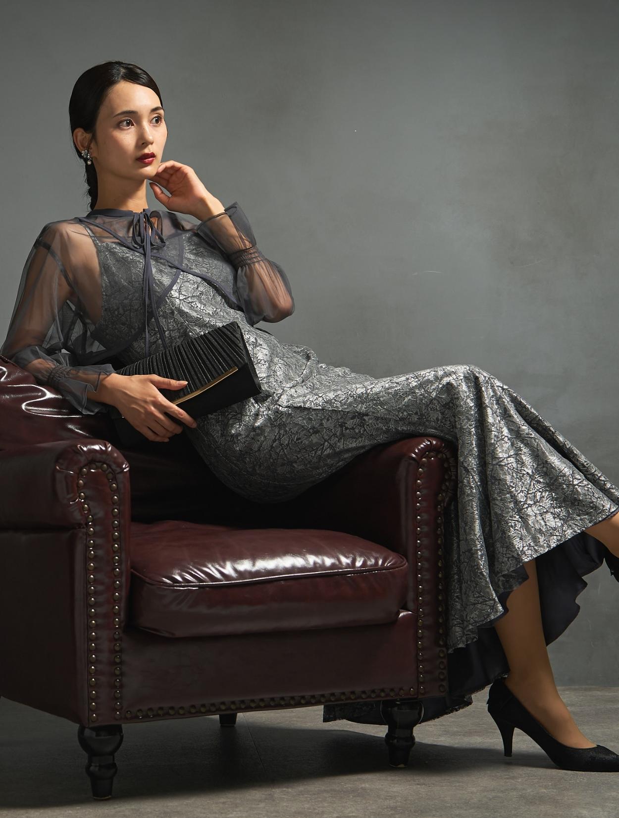 【M/L】クロスデザイン2wayブラウスドレス（グレイッシュネイビー）DPSET0862