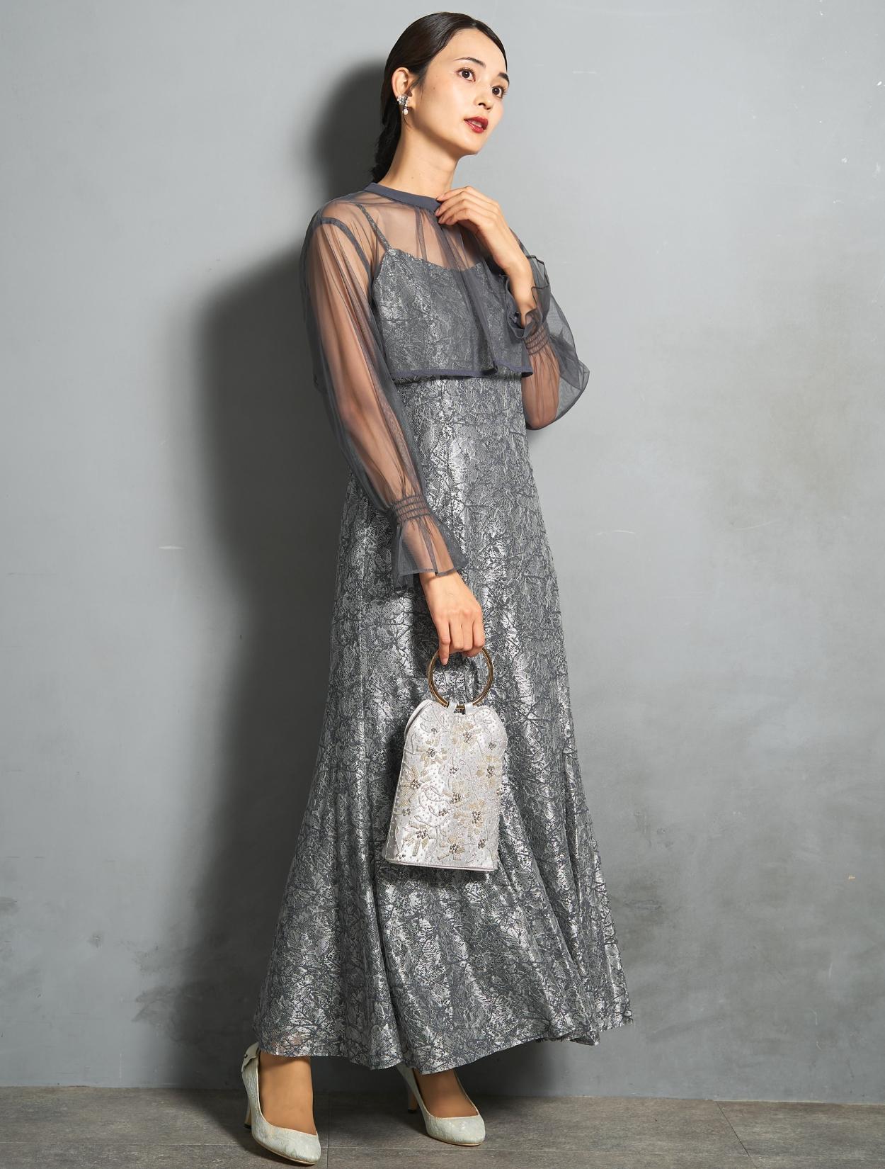 衣装 フラメンコドレス シルバー ネイビー×グレー 結婚式 母親ドレス グレースパンコールレース・マザーズドレス 長袖