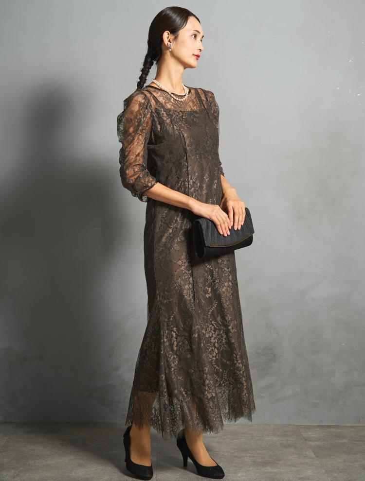 【M】ギャザースリーブマーメイドドレス（ブラウン）DPSET0870