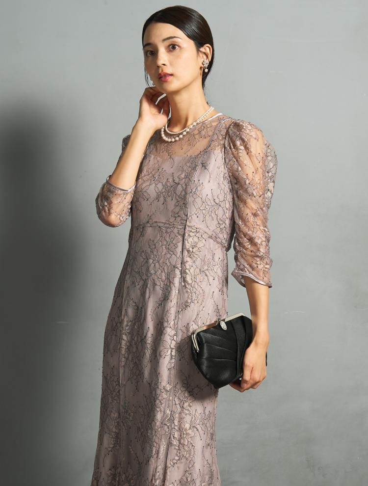 【M】ギャザースリーブマーメイドドレス（グレイッシュピンク）DPSET0872