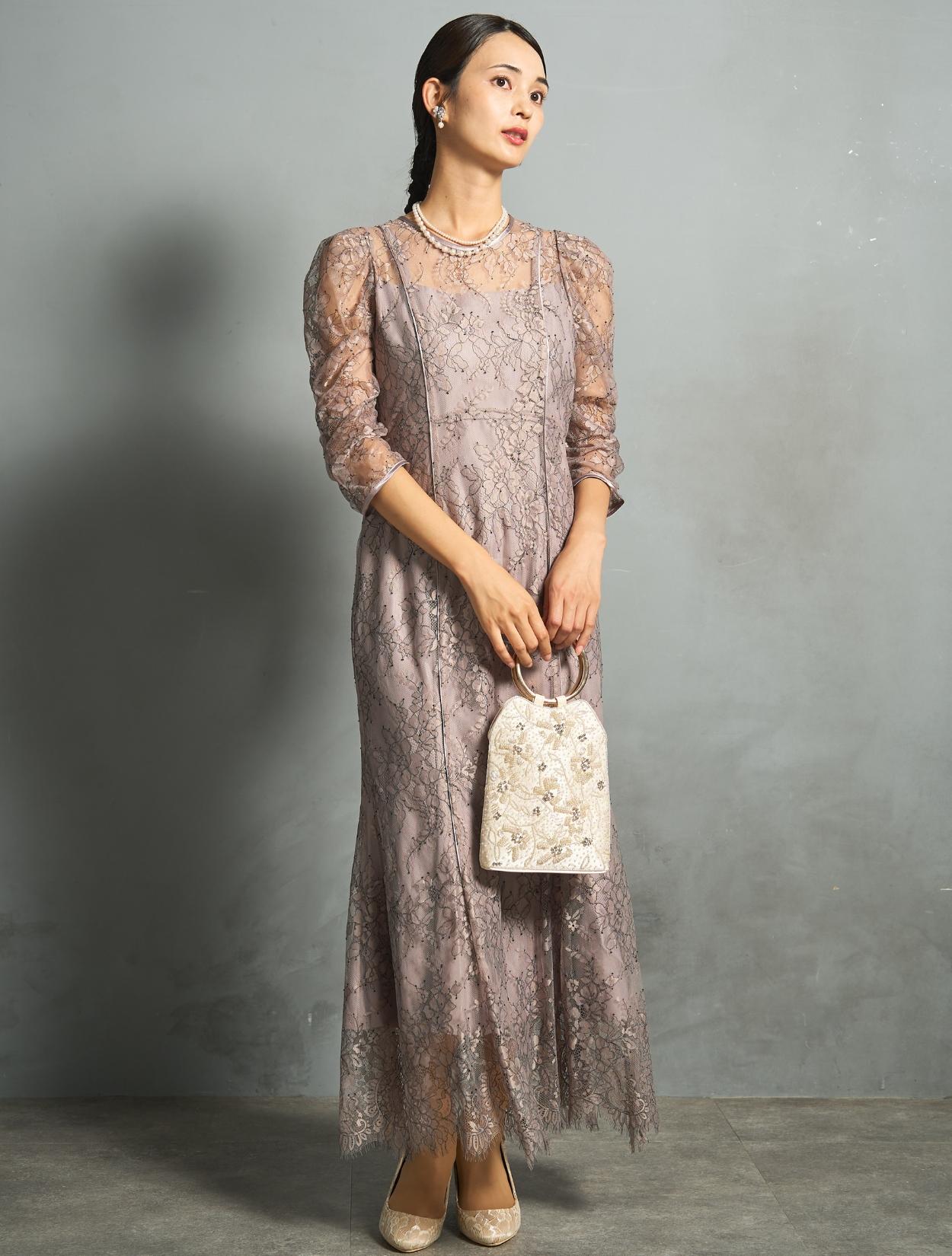 【M】ギャザースリーブマーメイドドレス（グレイッシュピンク）DPSET0873