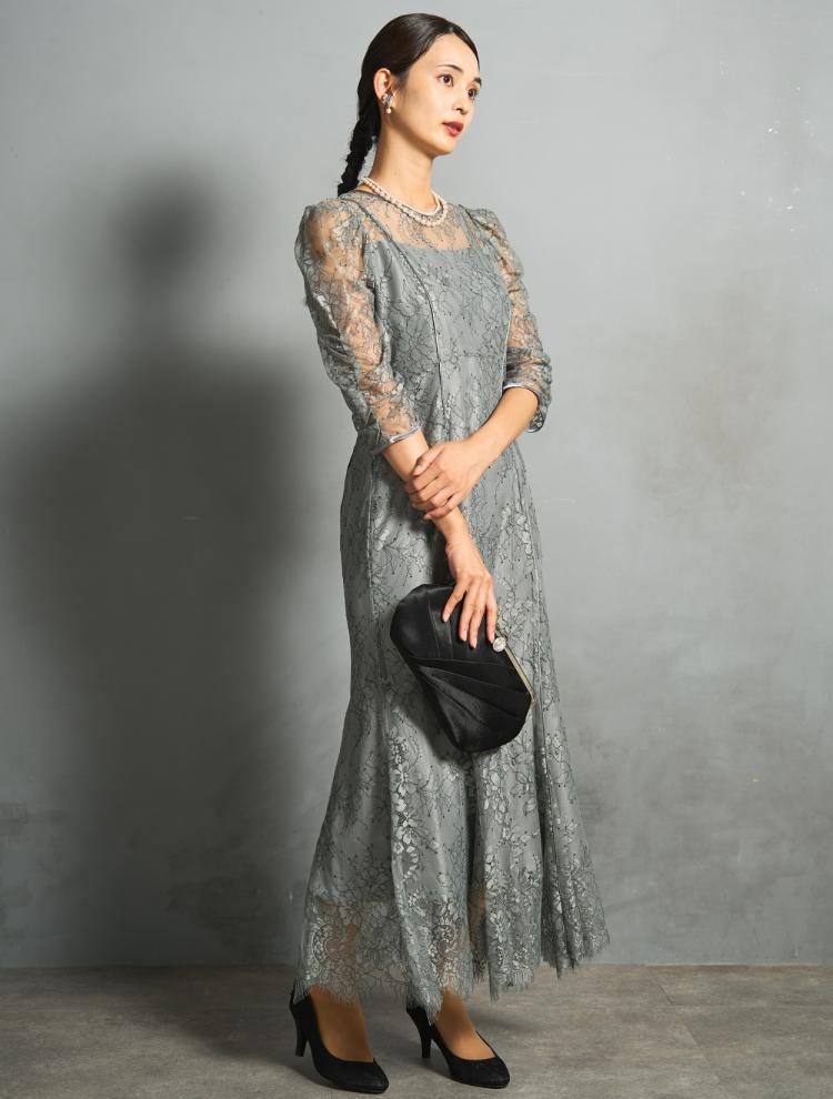 【M】ギャザースリーブマーメイドドレス（グレイッシュグリーン）DPSET0876