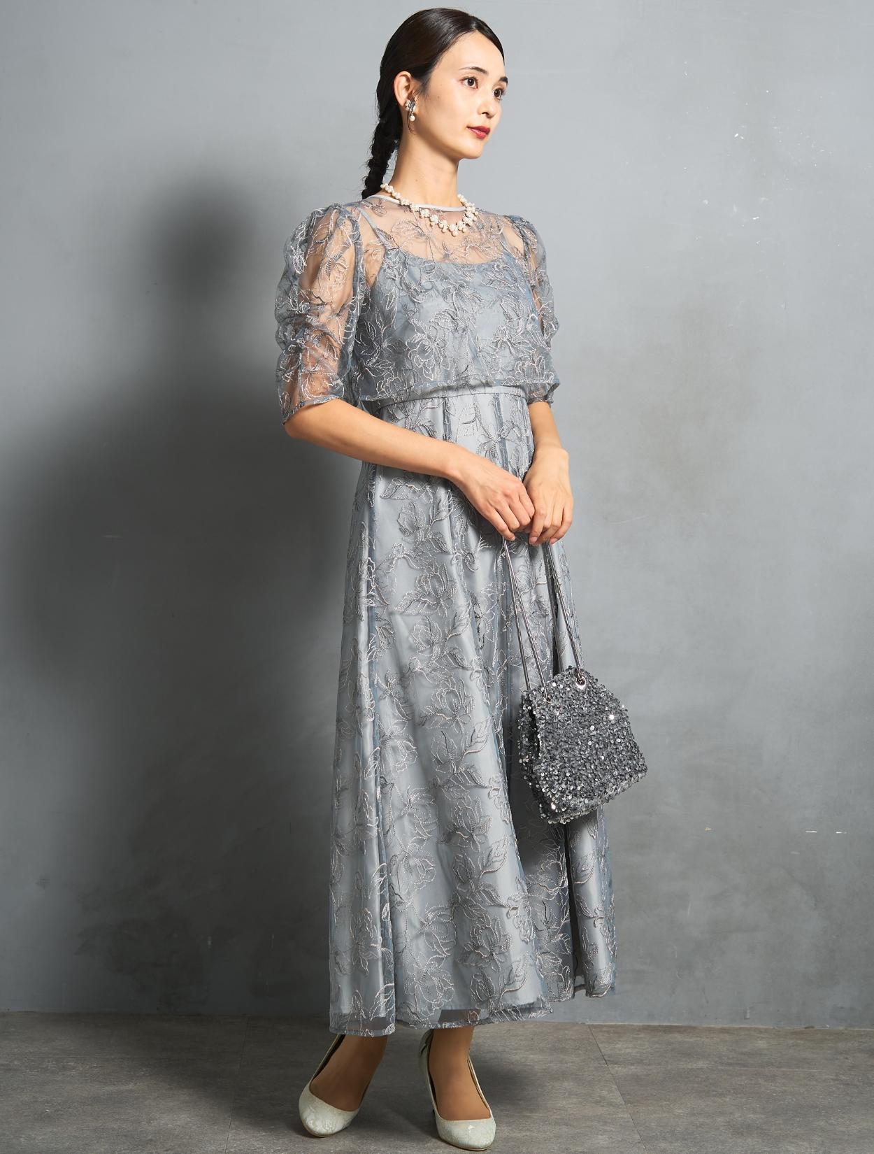 【M/L】フラワーレースレイヤードドレス（ブルーグレー）DPSET0880