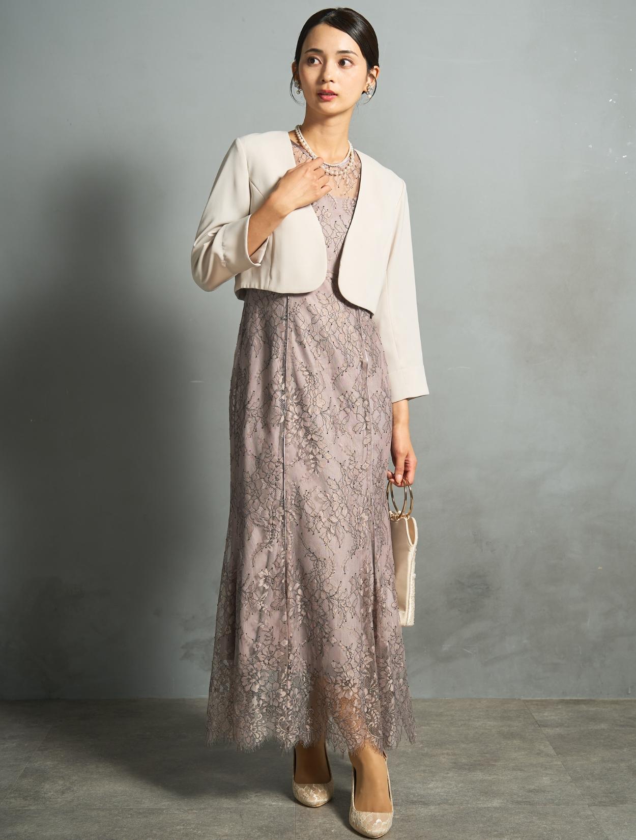 【M】ギャザースリーブマーメイドドレス（グレイッシュピンク）DPSET0893