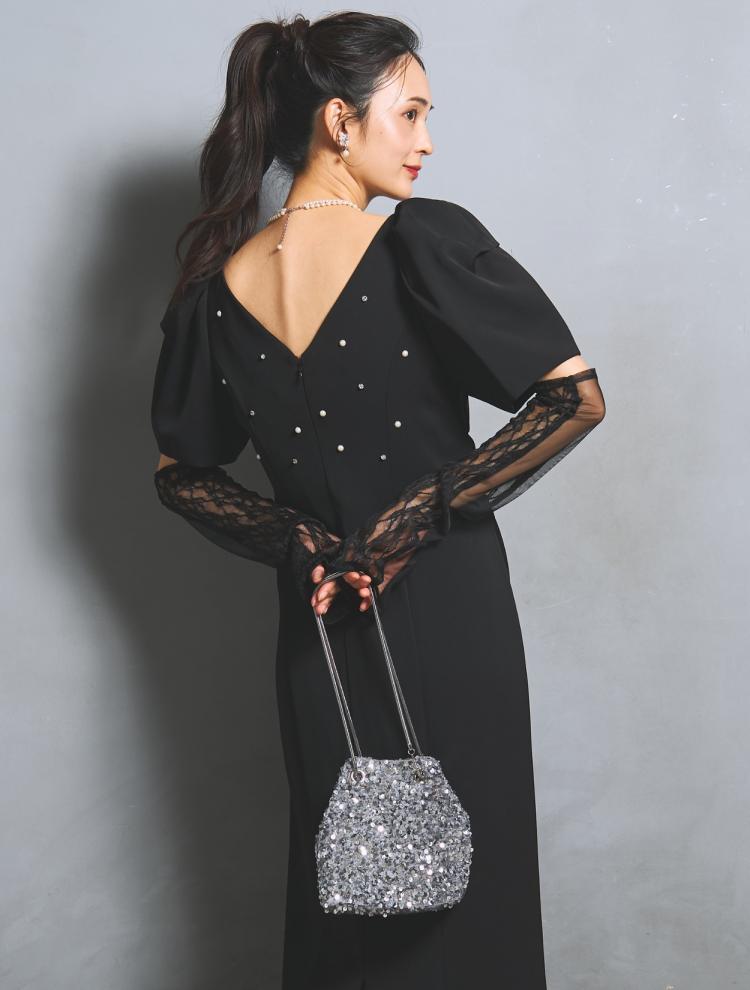 【M/L】アームカバー付きパールドレス（ブラック）DPSET0898