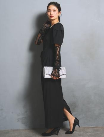 【M/L】アームカバー付きパールドレス（ブラック）DPSET0899