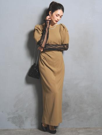 【M/L】アームカバー付きパールドレス（ベージュ）DPSET0900