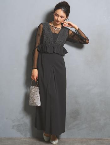 【S/M/L】シアーブラウス付きVネックチュールドレス（グレー）DPSET0903