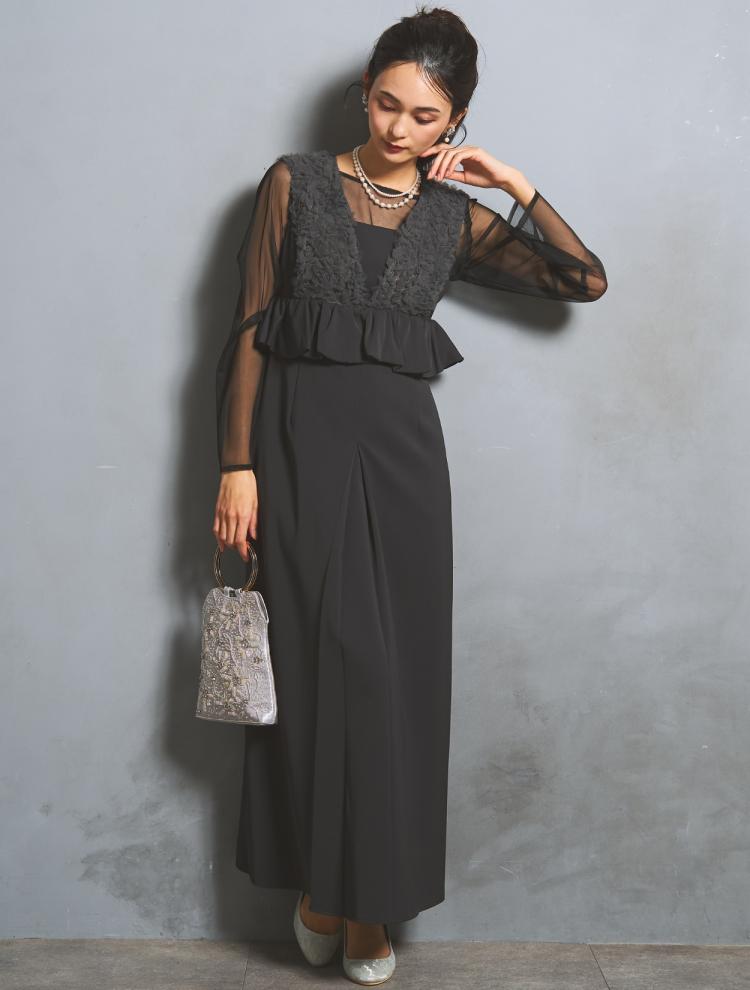 【S/M/L】シアーブラウス付きVネックチュールドレス（グレー）DPSET0903