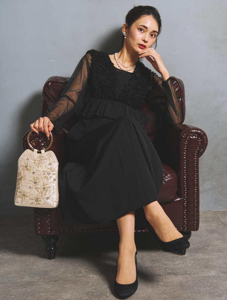 【S/M/L】シアーブラウス付きVネックチュールドレス（ブラック）DPSET0905