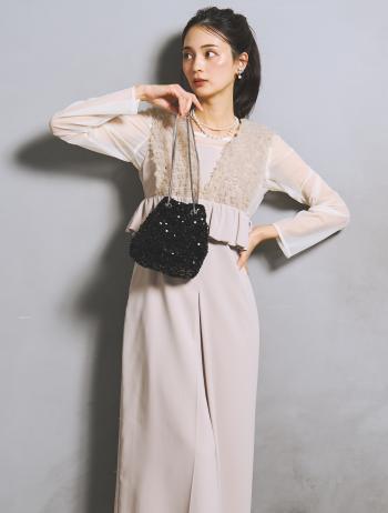 【S/M/L】シアーブラウス付きVネックチュールドレス（グレージュ）DPSET0906