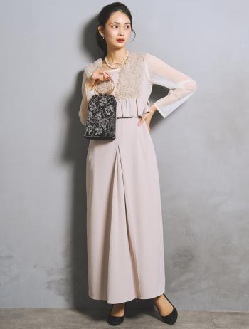 【S/M/L】シアーブラウス付きVネックチュールドレス（グレージュ）DPSET0907