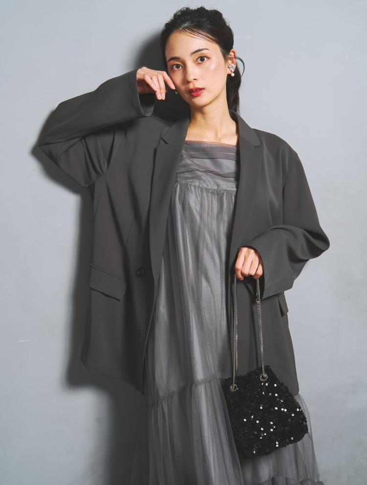 【S/M/L】ジャケット付きボリュームチュールドレス（グレー）DPSET0908