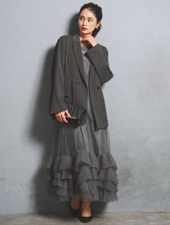 【S/M/L】ジャケット付きボリュームチュールドレス（グレー）DPSET0909