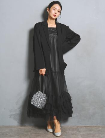 【S/M/L】ジャケット付きボリュームチュールドレス（ブラック）DPSET0910